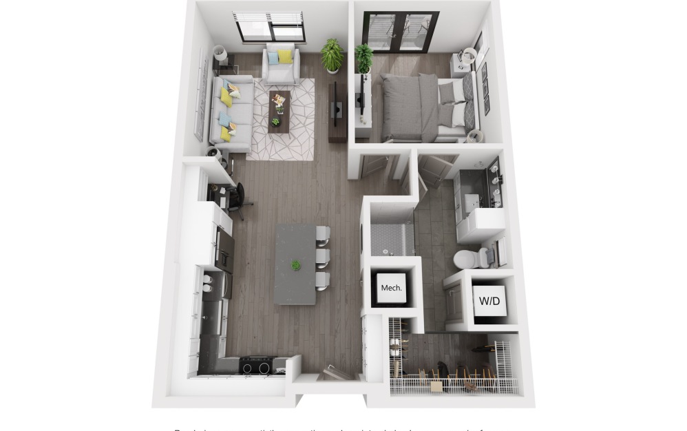 A1 - 1 bedroom floorplan layout with 1 bath and 720 to 755 square feet.