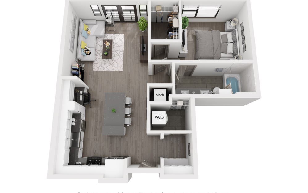 A5 - 1 bedroom floorplan layout with 1 bath and 842 to 843 square feet.