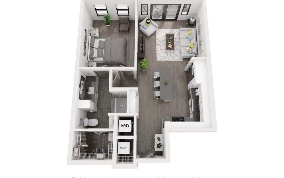 A6 - 1 bedroom floorplan layout with 1 bath and 737 square feet.