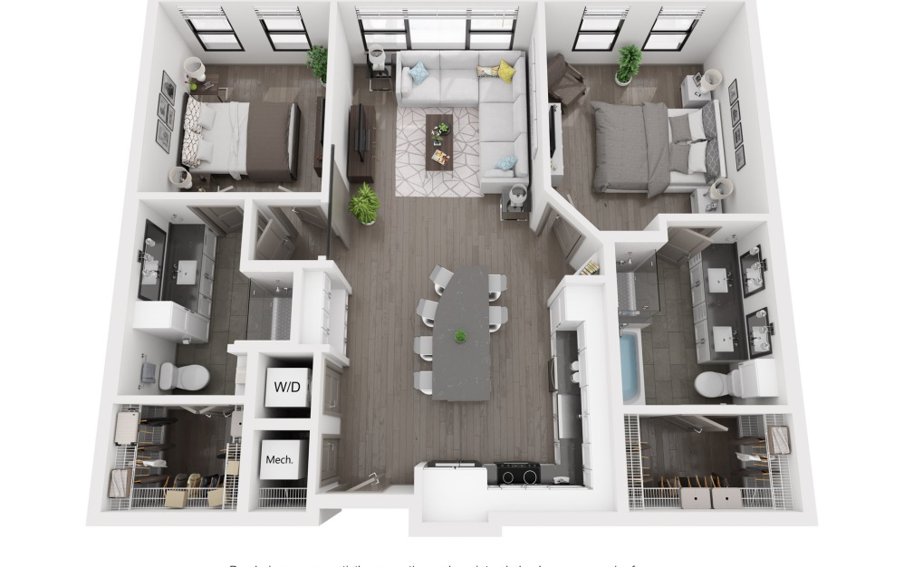 B1 - 2 bedroom floorplan layout with 2 baths and 1082 to 1148 square feet.