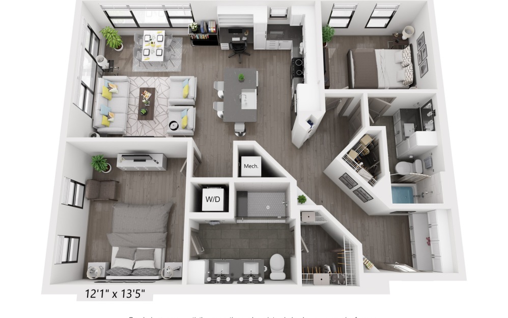 B2 - 2 bedroom floorplan layout with 2 baths and 1141 to 1241 square feet.