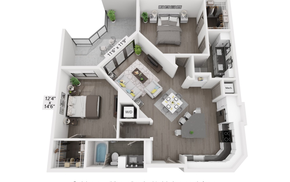 B3 - 2 bedroom floorplan layout with 2 baths and 1196 to 1369 square feet.