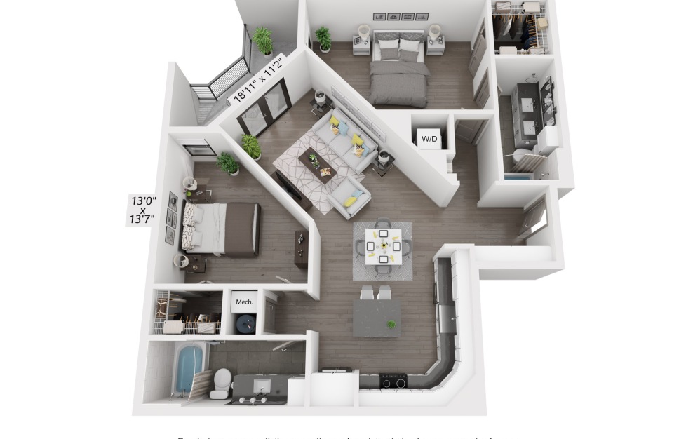 B4 - 2 bedroom floorplan layout with 2 baths and 1155 square feet.