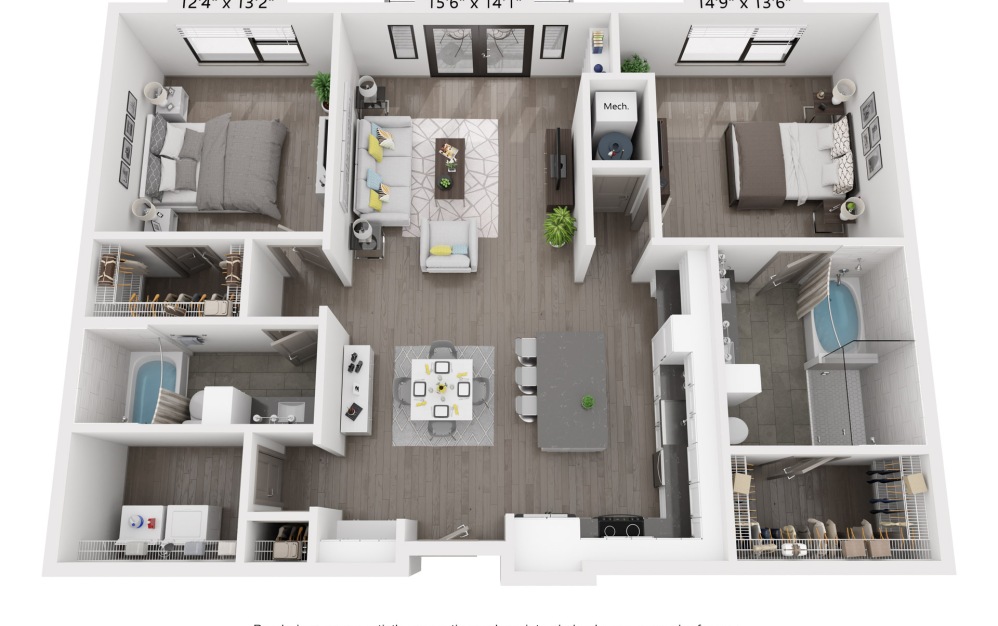 B5 - 2 bedroom floorplan layout with 2 baths and 1364 square feet.