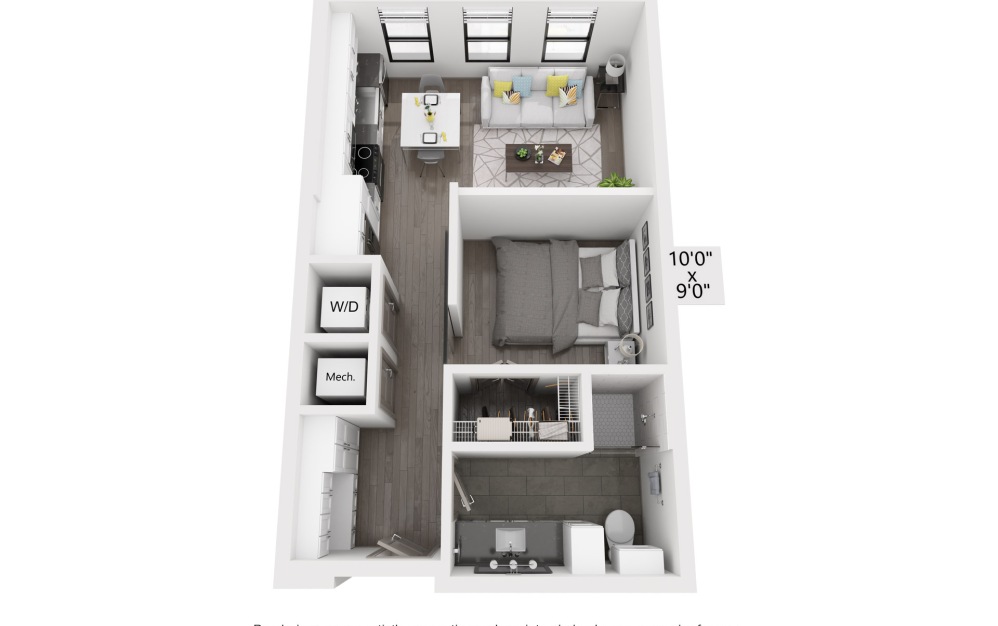 S1 - 1 bedroom floorplan layout with 1 bath and 535 to 545 square feet.