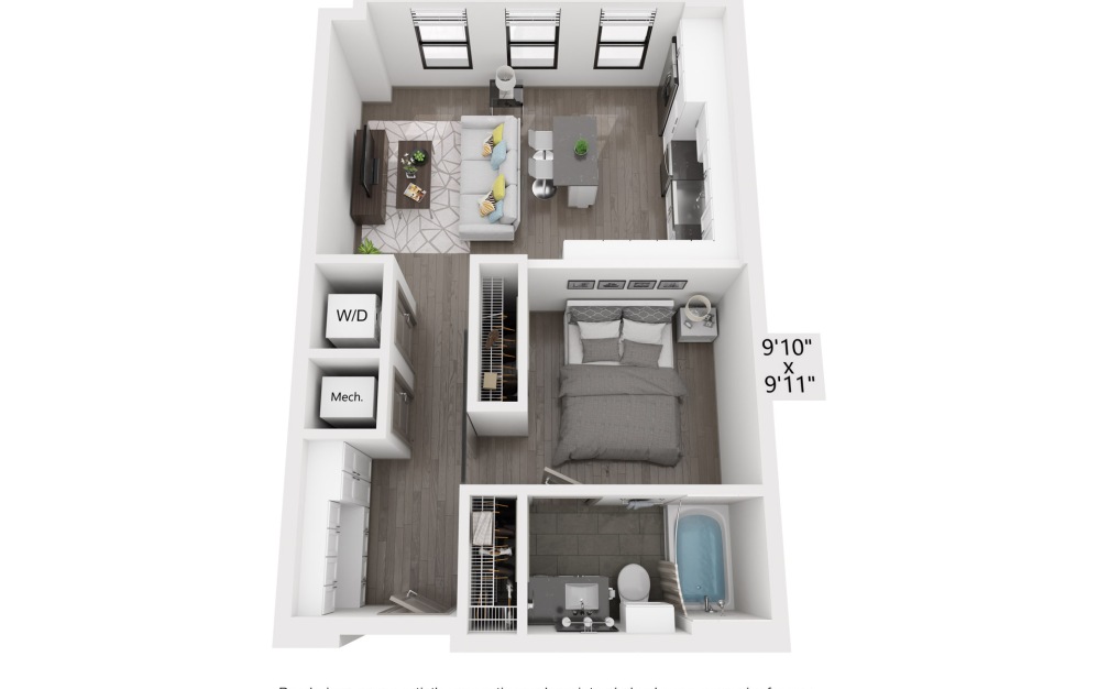 S2 - 1 bedroom floorplan layout with 1 bath and 598 to 620 square feet.