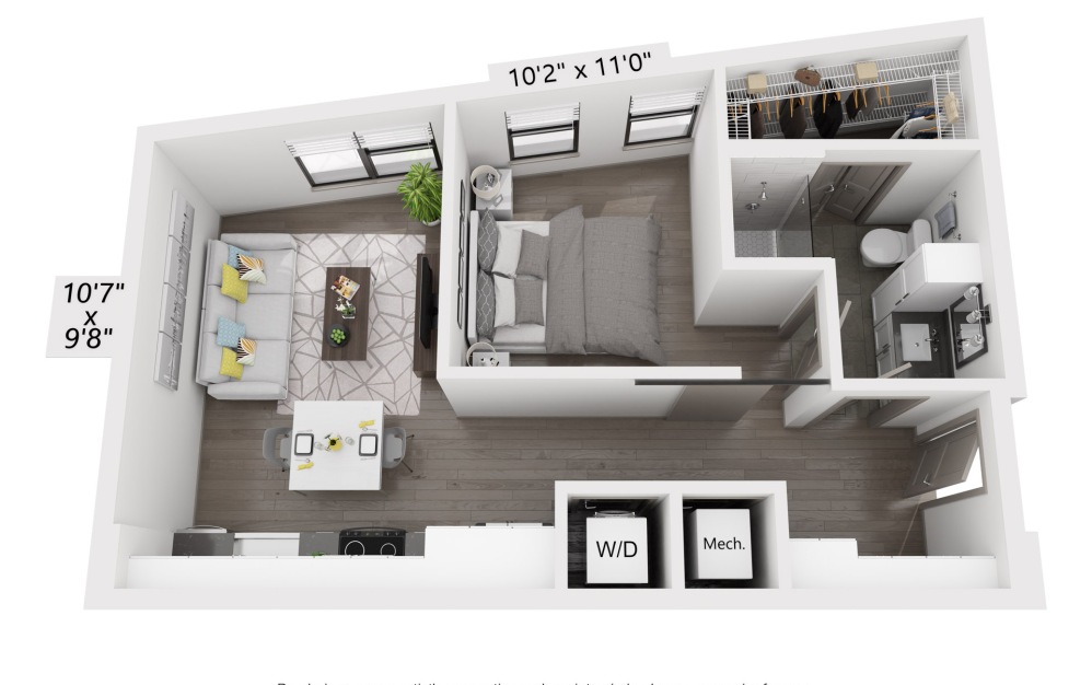 S3 - 1 bedroom floorplan layout with 1 bath and 589 to 600 square feet.